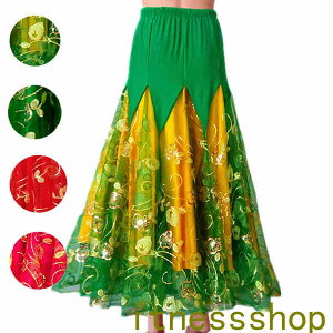 新生活 社交ダンス ロングスカート ワルツ ベリーダンス衣装 スパンコール 舞台衣装 フリルスカートフラメンコ衣装 タンゴ 4色揃い グリーン レッド赤 ローズ 女性 大人