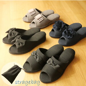 【ヒールスリッパ&巾着袋】スリッパ リボンヒール/サテンブーケ/サテン蝶/グログラン フォーマル ブラック 黒 入学式 卒業式 学校行事 室内履き かわいい  通年用 おしゃれ