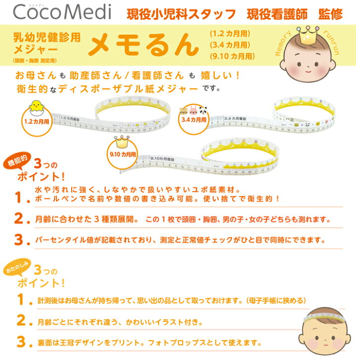 楽天市場 3サイズ展開 代金引換不可 乳幼児 健診 メジャー メモるん 300枚入 産婦人科 生後1 2ヵ月 生後3 4ヵ月 生後9 10ヵ月送料無料 大阪出荷 イトマンダイレクト 楽天市場店