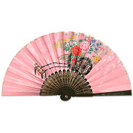 飾り京扇子　サテン扇子　花車 ピンク　21cm