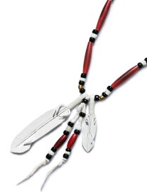 ROOSTERKING & CO. ルースターキング&カンパニー 【 Leather Feather & Long Beads Necklace (White Leather) / レザーフェザーロングビーズネックレス ホワイト ペンダント ディアスキン インディアン レッド ブラック ゴールド メンズ 【 送料無料 】