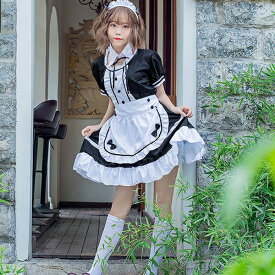 アイドル衣装 ロリータ ワンピース メイド 服 英国風 黒白 ハロウィン コスプレ 大人 ロリータ パーティー 仮装 フリル 半袖 かわいい コスチューム イベント メイド 定番 忘年会 新年会 エプロン 黒 男ウケ セクシー 大きいサイズ フルセット 可愛い M L XL 2XL 3XL