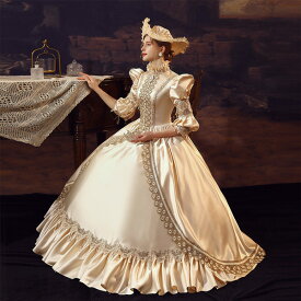華麗な 宮廷ドレス ドレス レディース ロングドレス シャンパン ロココ 貴族ドレス 18世紀 ハイネック 中世ヨーロッパ お姫様 プリンセスドレス 西洋ドレス ステージ衣装 貴婦人 オペラ ワンピース d9401c0c0l9