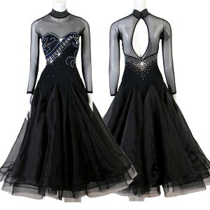 社交ダンス衣装 社交ダンス ドレス 初心者 練習着 競技着 ワンピース スタンダード モダン 発表会 広がる裾 豪華 演出用ドレス スタンダード ワルツダンス デモ用 大きいサイズ ブラック 黒