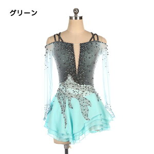 フィギュアスケート ドレス 女の子 レディース コンクール 衣装 競技用 演出服 レッスン着 透け感 アイスダンス アイススケート ガール 長袖 レオタード フレア スカート ストレッチ キラキ