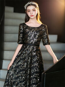 キッズドレス ピアノ発表会 おしゃれ 結婚式 女の子 フォーマル 子供 女の子 発表会ドレス 五分袖 ロングドレス 子ども ワンピース 黒 お祝い日 演奏会 音楽会 フラワーガール 誕生日 撮影