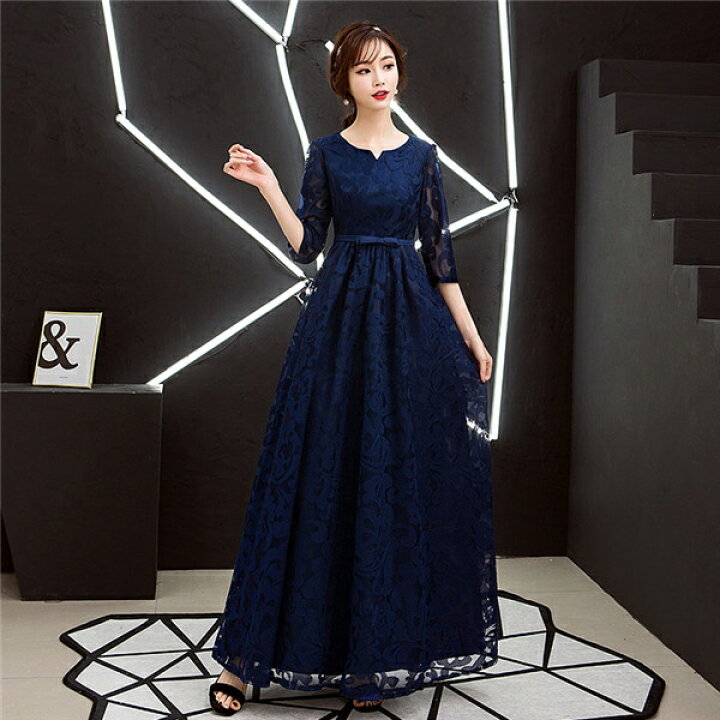 楽天市場 ロングドレス 演奏会 着痩せ パーティードレス ネイビー 青 袖あり レディース 結婚式 ワンピース フォーマル お呼ばれ ピアノ 発表会 大人 大きいサイズ Dh036l6l6x2 ドレス ダンス通販 イツモストア