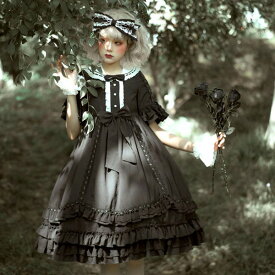 ゴシックロリータ ワンピース 黒 フリル 病みかわいい 膝丈 暗黒系 ロリータop プリンセスドレス Lolita ロリータ服 リボン コスチューム コスプレ衣装 パーティー文化祭 学園祭 イベント ロリータファション h1006la