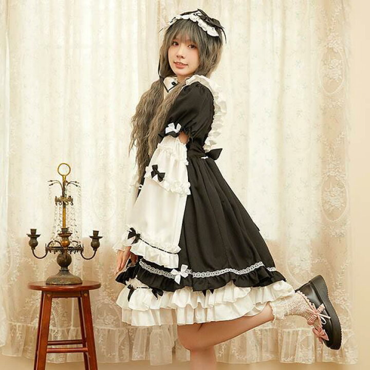 楽天市場】メイド服 ロリータワンピース 長袖 ブラック ヘッドドレス 