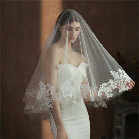 ウエディング 花嫁 ベール ミドル 2層 コームなし 長さは約1.35m 結婚式 Wedding Veil ウェディングベール ホワイト 刺繍 透け感