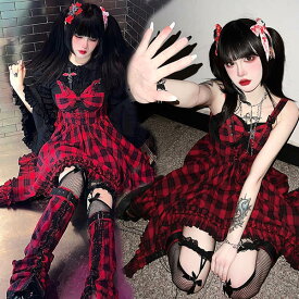 ロリータ ドレス 衣装 ワンピース ゴシック アイドル衣装 半袖 可愛い ゴスロリ Aライン Lolita パフスリーブ レース フリル バンド ショート丈 レディース コスチューム 仮装 ハロウィン 学園祭 文化祭 レッド ブラック S M L dg036z7
