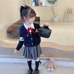卒業式 スーツ 女の子 小学生 入学式 スーツ キッズスーツ 女児スーツ(カーディガン スカート シャツ 蝶ネクタイ) ネイビー カーディガン スカート フォーマルスーツ かわいい 七五三 入