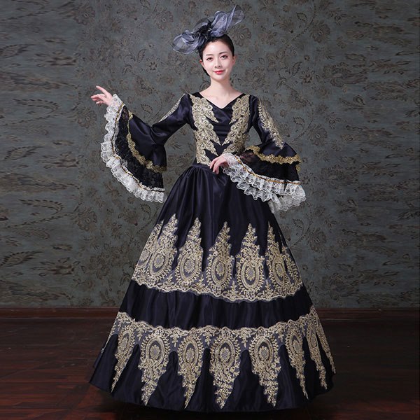 ブラック 黒ドレス 中世貴族風 ゴールド刺繍が豪華お姫様 舞台 衣装