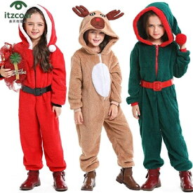 クリスマス 衣装 サンタ コスプレ キッズ パジャマ トナカイ カバーオール サンタクロース フード付き 子供服 女の子 男の子 オールインワン コスチューム 仮装 演出服 ルームウェア 冬用 サンタ 衣装 着ぐるみ パーティー Xmas X'mas 余興