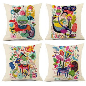 クッションカバー 45x45cm 北欧 4枚セット おしゃれ 可愛い 柄 リネン 亜麻 幾何学模様 プリン