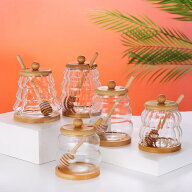 かわいい ガラス ハニーポット おしゃれ はちみつ容器 透明 竹の蓋付 天然竹 コースタ付き 攪拌棒付き 蜂…