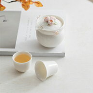 IwaiLoft 手作り 陶磁器 白磁 花 ティーポット 3点セット 蓋碗 宝瓶 茶器セット 携帯 アウトドア 旅 ティ…