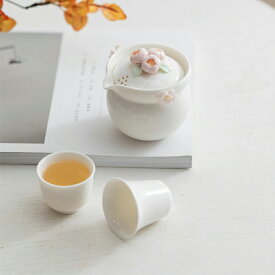 IwaiLoft 手作り 陶磁器 白磁 花 ティーポット 3点セット 蓋碗 宝瓶 茶器セット 携帯 アウトドア 旅 ティーセット 中国茶器 台湾茶 ウーロン茶 紅茶茶器【送料無料】