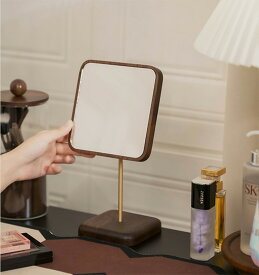 送料無料 IwaiLoft 高級 化粧鏡 おしゃれ 卓上ミラー スタンドミラー 木製ミラー コスメミラー テーブルミラー アンティーク調 角度調整 飛散防止加工 正方形ミラー 真鍮フレーム アクセサリー収納スペース インテリア雑貨