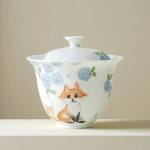 手描き 蓋碗 漫画風 宝瓶 煎茶 海棠花 茶器 小さな狐 茶碗 蓋物 スープ椀 スープボウル 蓋付 グラス 菓子椀 ボウル フリーカップ お碗 珍味入れ 宝瓶 抹茶茶碗 茶碗蒸し 茶器 手作り 中国茶器