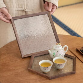 IwaiLoft 花海堂柄 トレー トレイ ガラス 盛器 お皿 小皿 豆皿 角型 正角皿 六角皿 プレート 木 カフェトレー ガラス コースター 茶托 ティートレー おしゃれ 六角形 正方形 胡桃の木 ウールナット ガラス皿 ガラス食器 ガラスプレート 収納トレイ インテリア 小物入れ