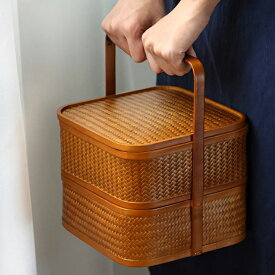 自然素材にこだわった かご 竹 かご ハンドル付き 二段 重箱 四角 漆塗り 手作り 行楽弁当箱 竹籠 バスケット手提げ アウトドア 竹かご ピクニックランチボックス お正月 迎春 花見 竹細工 和風収納 小物収納 茶道具 インテリア 清境Craft