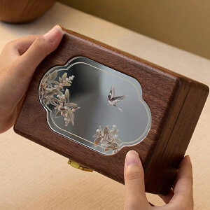 カササギ模様 ジュエリーボックス アクセサリーケース ミラー付き ピアスケース アクセサリーボックス 指輪ケース リングケース 仕切り 1段 木製 銘木 ウールナット ウッドケース おしゃれ