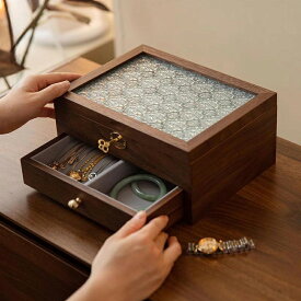 鍵付き ジュエリーボックス アクセサリーケース 木製 フローラガラス 仕切り調整 2段 3段 大容量 銘木 ウールナット 透明 窓付き ガラス ウッドケース ロック機能 おしゃれ 宝石箱 アクセサリー 収納ケース 指輪 リング ピアス/ネックレス/メガネ/時計収納 母の日 プレゼント