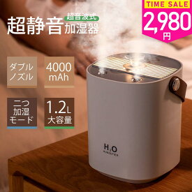＼赤字覚悟！クーポンで最安2,980円！／加湿器 小型 超静音 ダブルノズル 卓上加湿器 1.2L大容量 軽量 超音波式 アロマ対応 除菌 LEDライト 空焚き防止 2種類加湿モード 保湿 上部給水式 type-c充電式 乾燥 花粉症対策 子供部屋 寝室 家庭用 職場仕事 オフィス リビング
