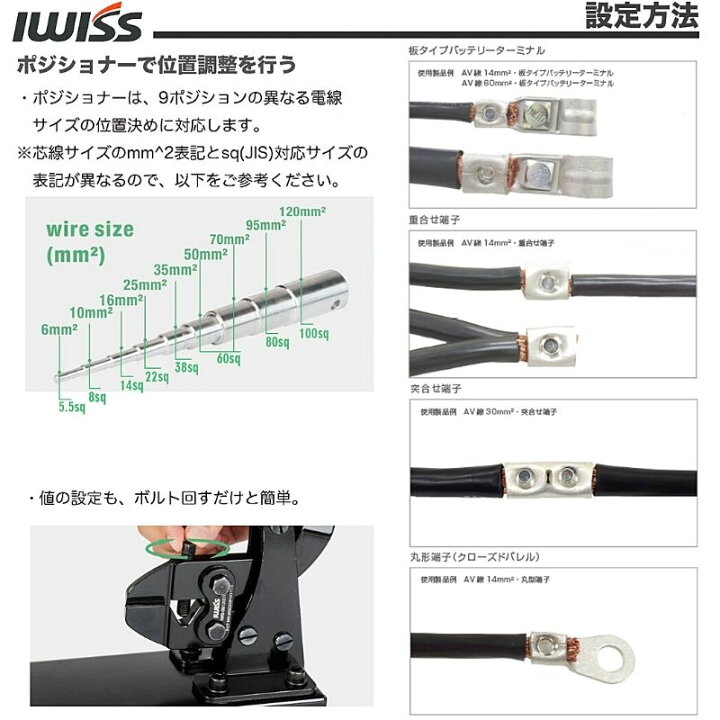 楽天市場】【LINE追加で3%OFF】 圧着工具 圧着ペンチ バッテリー 端子 板タイプ バッテリーターミナル かしめ機 車 自動車 電装 修理 DIY メンテナンス 電工 電装 オーディオ 切断刃装備 5.5-100sq対応 お得 IWISS アイウィス : IWISS TOOLs 楽天市場店