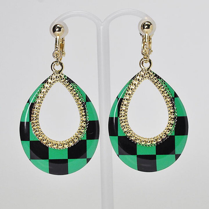 楽天市場 最終処分 980円 100円 税別 アクセサリーメーカーが作った人気の和柄イヤリング 和柄オープンドロップイヤリング グリーン市松模様 竈門炭治郎風 人気柄イヤリング 癒し通りのアクセサリー屋さん
