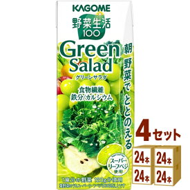 カゴメ 野菜生活100 グリーンサラダ 200ml×24本×4ケース (96本)【送料無料※一部地域は除く】 野菜ジュース 朝食 食物繊維 鉄分 カルシウム スーパーリーフベジ スムージー 紙パック まとめ買い