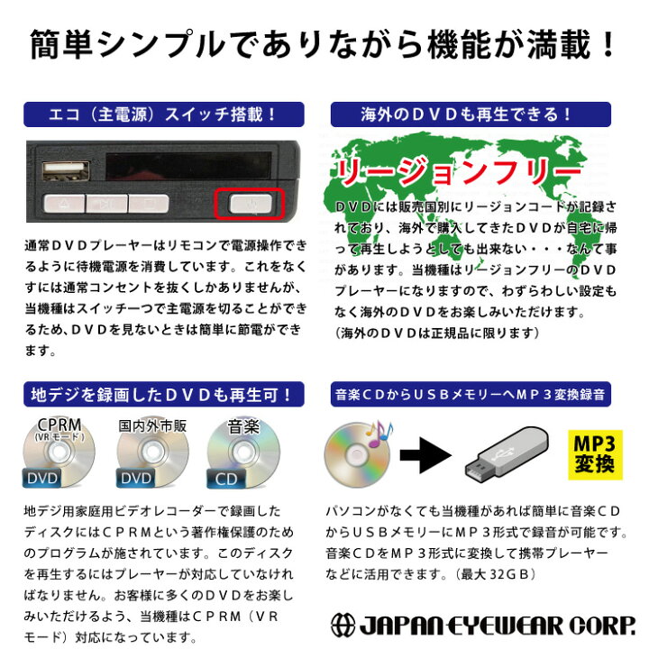 楽天市場 あす楽 Dvdプレーヤー 再生専用 リージョンフリー 激安 Cprm対応 地デジ録画のdvdが再生できるdvdプレーヤー Dvd 2171 音楽cdからusbにmp3変換録音もできる 節電仕様 ポータブル 車載 送料無料 株式会社ジャパンアィウェア