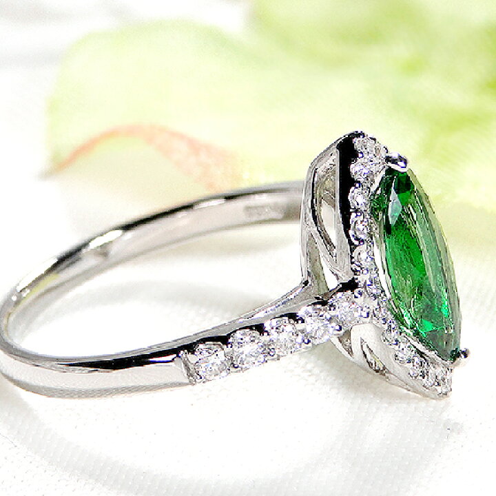 K18WG 天然グリーンガーネット 1.43ct 食らいつき ダイヤ 0.14ct リング 