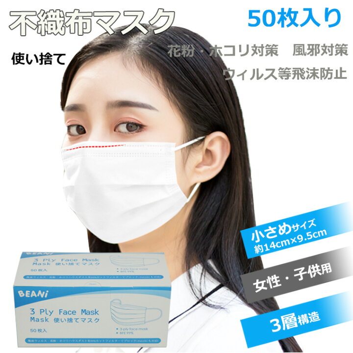 楽天市場 訳あり アウトレット 使用期限22年3月 マスク 50枚 小さめサイズ 階段式プリーツ 女性 顔の小さい方 子供 不織布マスク 3層構造 使い捨てマスク 箱入り 不織布 コロナウィルス対策 ますく ウイルス 防塵 花粉 飛沫感染対策 インフルエンザ 風邪 43msk04