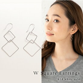 【P10倍】ピアス レディース フックピアス 揺れる 菱 ひし 形 四角 スクエア 2連 14k K14 WG 地金ピアス ホワイトゴールドピアス 上品 カジュアル パーティー 女性 20代 30代 40代 50代 おしゃれ おすすめ シンプル 普段用イエベ ブルベ