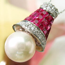 『ポイント20倍』[スピード配]ホワイトゴールド(K18WG) ルビー/ダイヤモンド/パール ネックレス(R1.63ct/D 0.21ct/パール約9.2mm/真珠/ベル/鐘/ミステリーセッティング)【ハイクラス】【宝石 ジュエリー】【プレゼント】【刻印無料】*