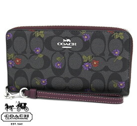 COACH アウトレット コーチ CN000 SVW6M シグネチャー センチュリー フローラル ロングジップ アラウンド ウォレット ラウンドファスナー 長財布　ストラップ付き 花柄 フラワープリント グラフィット ディープベリー 【送料無料】