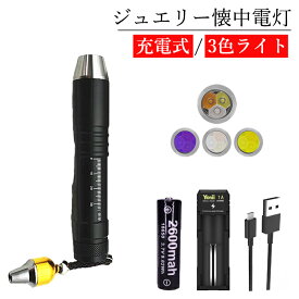 LEDライト ブラック 3色 小型 3種類 ハンディライト 懐中電灯 宝石 ジュエリー 鑑定 おすすめ リチウムイオン充電池 18650 PSEマーク 365NM紫外線ランプ 白色光 黄色光