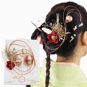 ドライフラワー 髪飾り ヘアアクセサリー ファッション ファッション雑貨 小物 成人式 卒業式 結婚式 七五三 振袖 袴 着物 赤 レッド ゴールド ピンク 水引 玉 金箔 和装 和服 Uピン 日本製 日