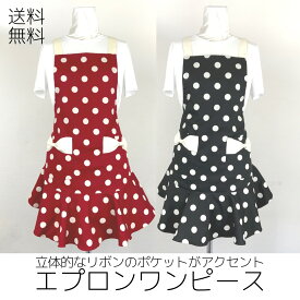 【送料無料】エプロン エプロンドレス エプロンワンピース 作業服 結婚 新婚 おしゃれ 水玉 ドット 黒 赤 ブラック レッド カフェ メイド シンプル デザイン 母の日 お料理教室 習い事 贈答用 ラッピング 洗濯可