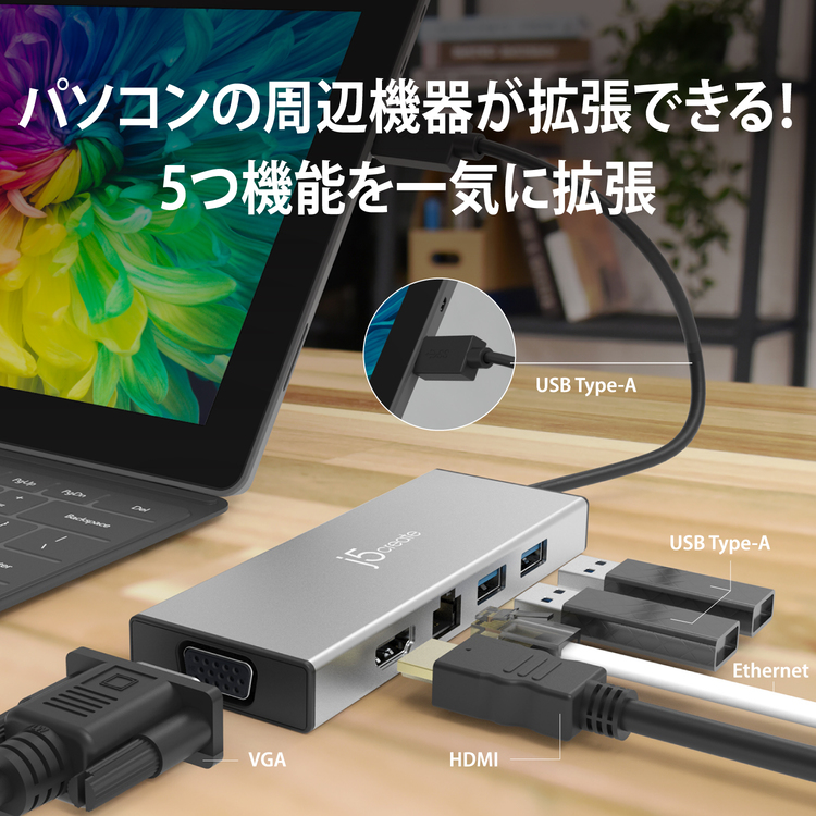 j5 create USB 3.0 5in1 デュアルモニタ ミニドック シルバー JUD323S-EJ マルチハブ USBハブ  ドッキングステーション 【 USB3.0x2, HDMI, VGA, ギガビット有線LAN, Micro-B power in 】 1080p  QWXGA 60Hz対応 
