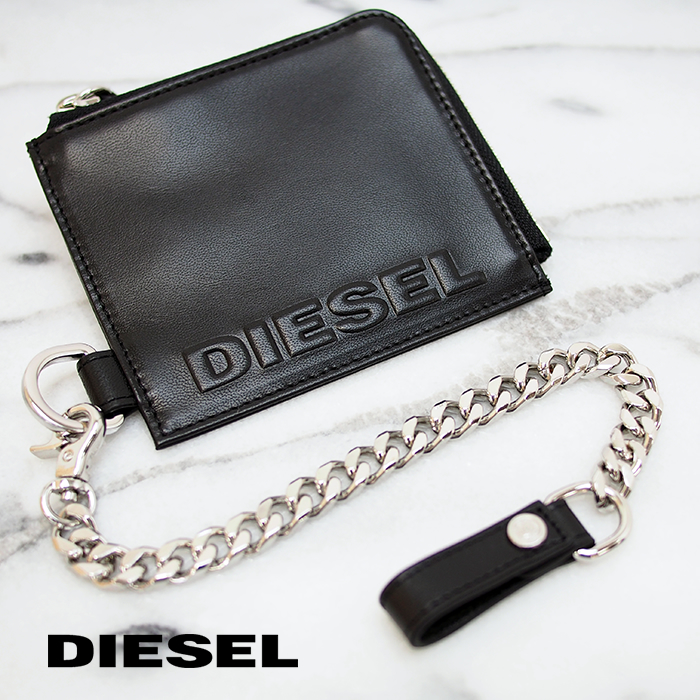 DIESEL ディーゼル L字ファスナー ミニ財布 ウォレットチェーン付き ブラック L-ZIP CHAIN X07715 PR818 T8013 ディーゼル 財布 diesel 財布　L字型ジップ財布