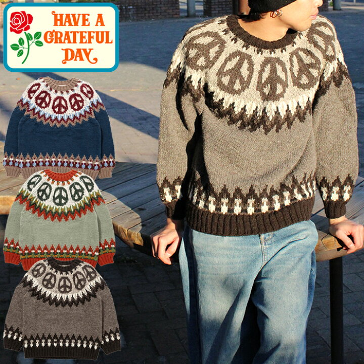 HAVE A GRATEFUL DAY ハブ ア グレイトフル デイ GDK0447PK25F PEACE PATTERN KNIT CREW ピース パターン ウール ニット クルー セーター トップス ナチュラル アウトドア ストリート メンズ レディース ユニセックス 3カラー 2025AW JAIPUR