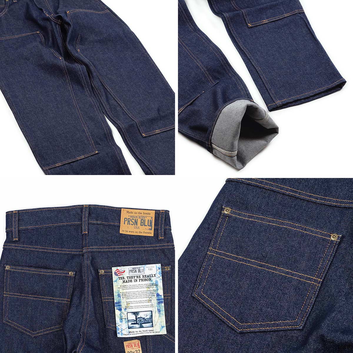プリズンブルース PRISON BLUES ダブルニーワークジーンズ リジッドブルー ｜ メンズ レギュラーサイズ アメリカ製 米国製 MADE IN  USA デニム ペインターパンツ ハンドメイド 14.75オンス 綿 コットン100％ サイズ28-42 レングス32 | 