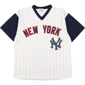 古着 LOGO 7 MLB NEW YORK YANKEES ニューヨークヤンキース ストライプ柄 Vネック スポーツプリントTシャツ USA製 メンズM /eaa352035 【中古】 【230715】