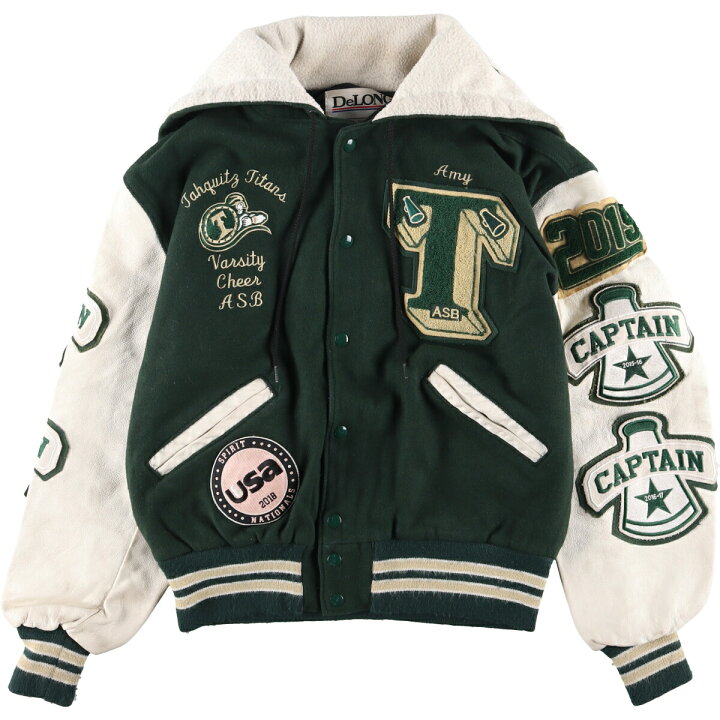 楽天市場】古着 DeLONG フード付き 袖革ウールスタジャン アワード  