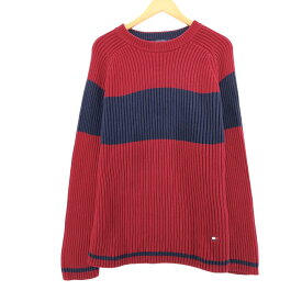 古着 90'S トミーヒルフィガー TOMMY HILFIGER ボーダー柄 コットンニットセーター メンズXXL ヴィンテージ /eaa410851 【中古】 【240327】