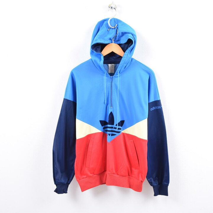 90s 古着 アディダス ハーフジップ 刺繍 ジャージ パーカー マルチブルー 90～00s adidas アディダス トレフォイルロゴ 切替デザイン  トラックジャケット ジャージヴィンテージ ブルー ブラック ビンテージ USA アメリカ古着 メンズL相当 | 古着屋 grin days  memory ... アディダス　ヴィンテージ　トラックジャージ　ハーフジップ