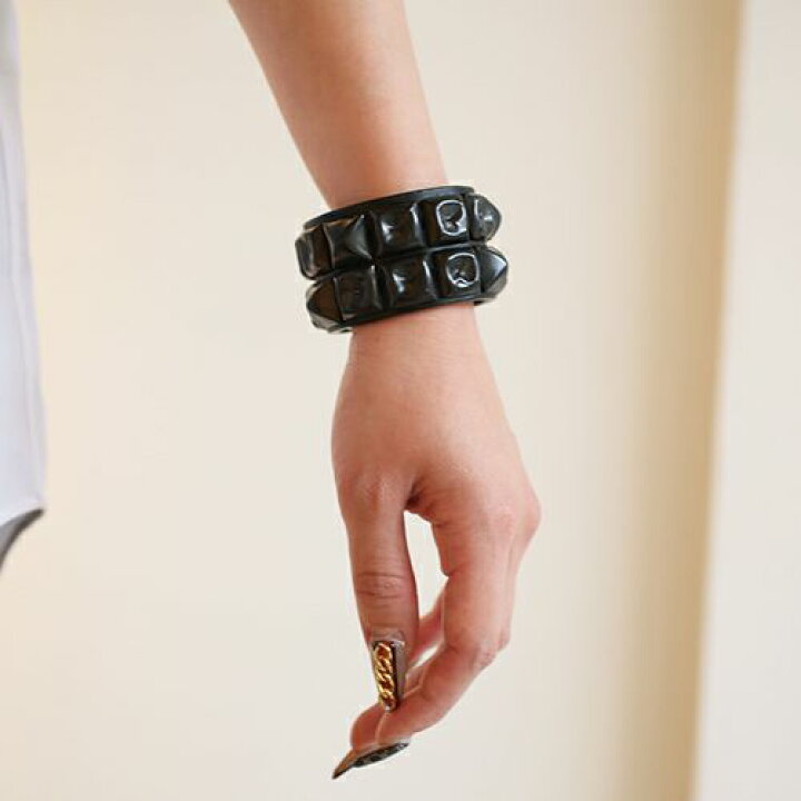 AFFA スタッズ付き黒革レザーブレスレット ダブル （ポリス POLICE 